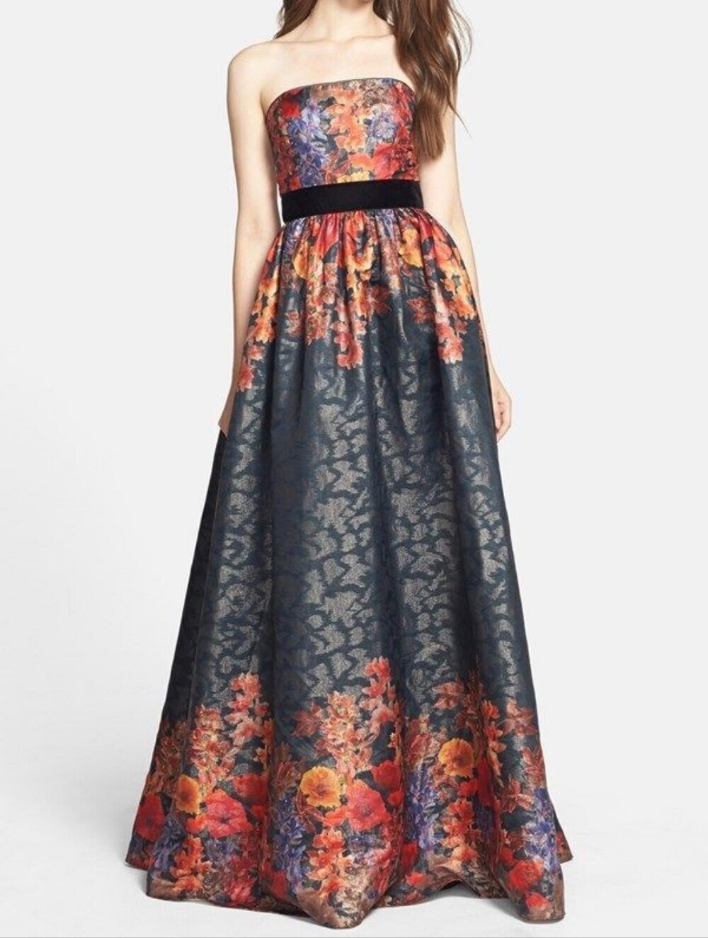 Adrianna Papell Floral Metallic Jacquard Strapless Ball Gown Romantic Formal 2